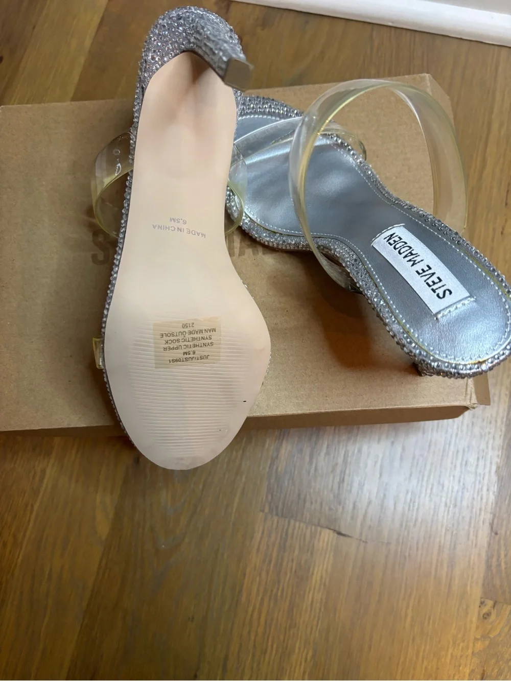 Steve Madden Clear Strap Slide Sandals with Crystal Trim - Silver